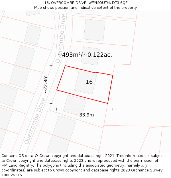 16, OVERCOMBE DRIVE, WEYMOUTH, DT3 6QE: Plot and title map