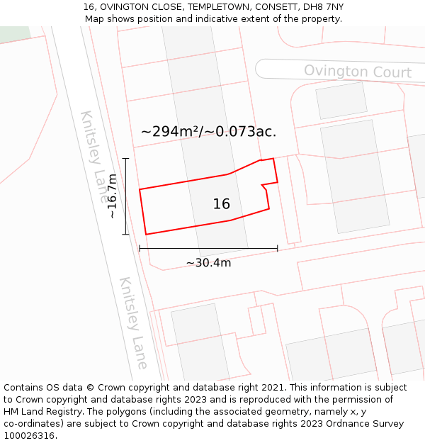 16, OVINGTON CLOSE, TEMPLETOWN, CONSETT, DH8 7NY: Plot and title map