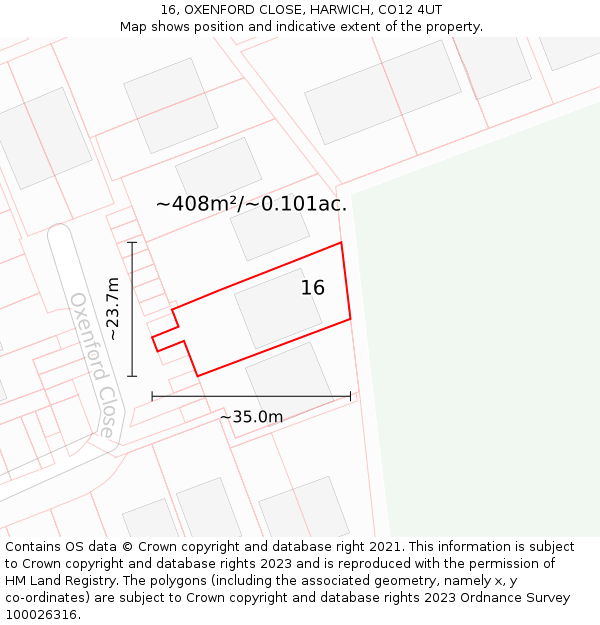 16, OXENFORD CLOSE, HARWICH, CO12 4UT: Plot and title map