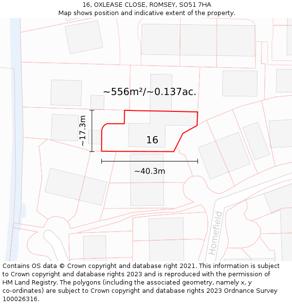 16, OXLEASE CLOSE, ROMSEY, SO51 7HA: Plot and title map