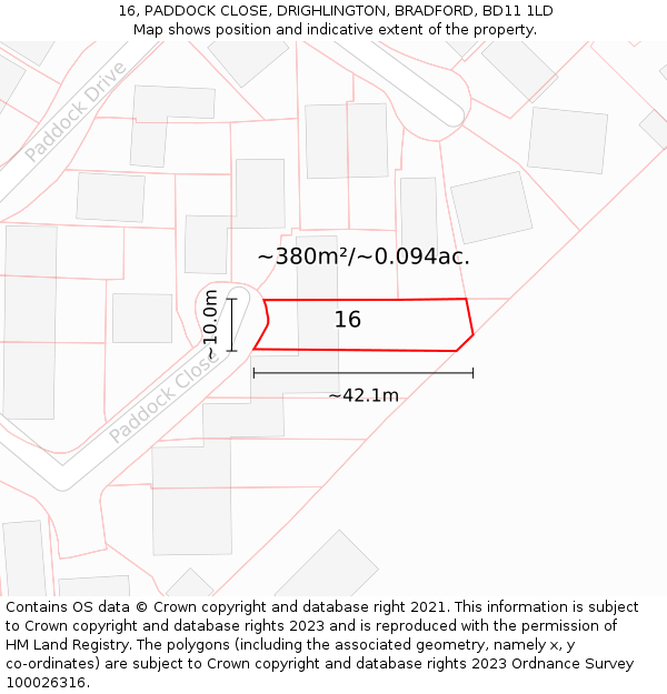 16, PADDOCK CLOSE, DRIGHLINGTON, BRADFORD, BD11 1LD: Plot and title map