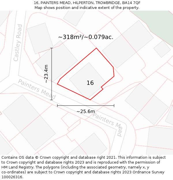 16, PAINTERS MEAD, HILPERTON, TROWBRIDGE, BA14 7QF: Plot and title map