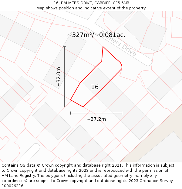 16, PALMERS DRIVE, CARDIFF, CF5 5NR: Plot and title map