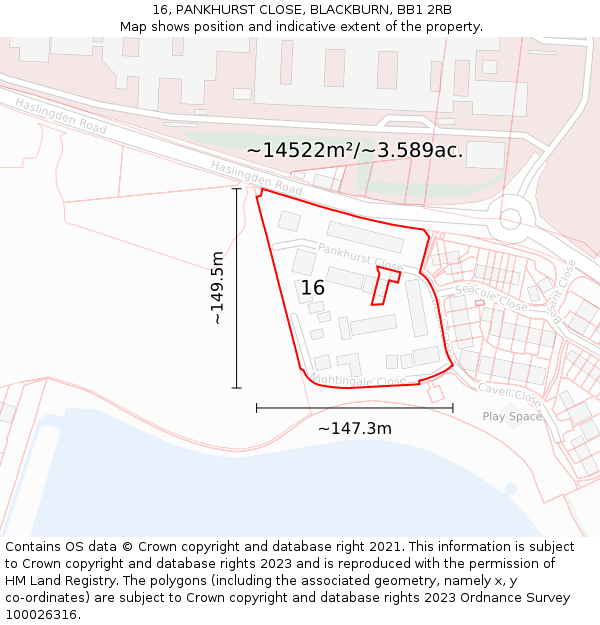 16, PANKHURST CLOSE, BLACKBURN, BB1 2RB: Plot and title map