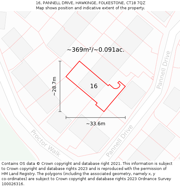 16, PANNELL DRIVE, HAWKINGE, FOLKESTONE, CT18 7QZ: Plot and title map