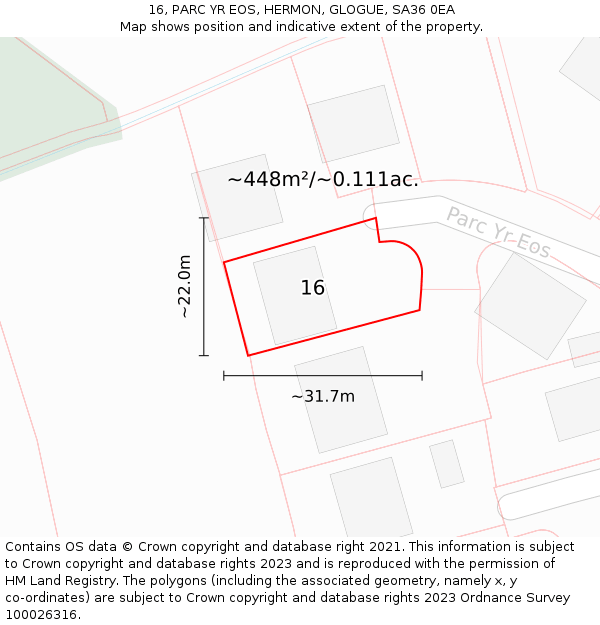 16, PARC YR EOS, HERMON, GLOGUE, SA36 0EA: Plot and title map