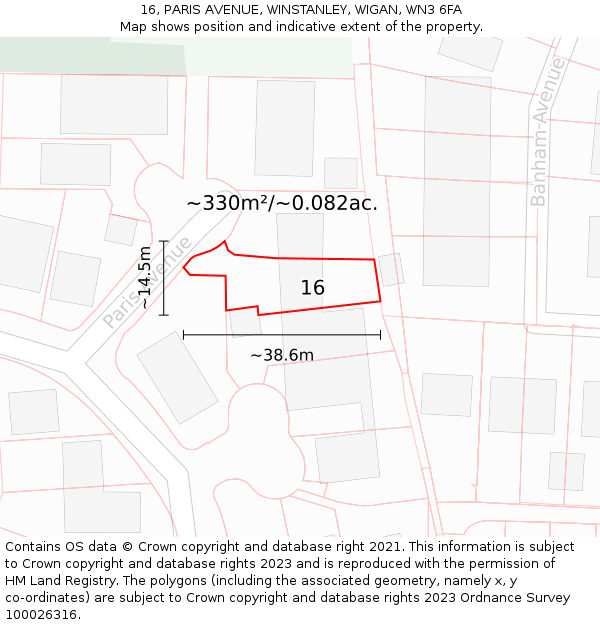 16, PARIS AVENUE, WINSTANLEY, WIGAN, WN3 6FA: Plot and title map