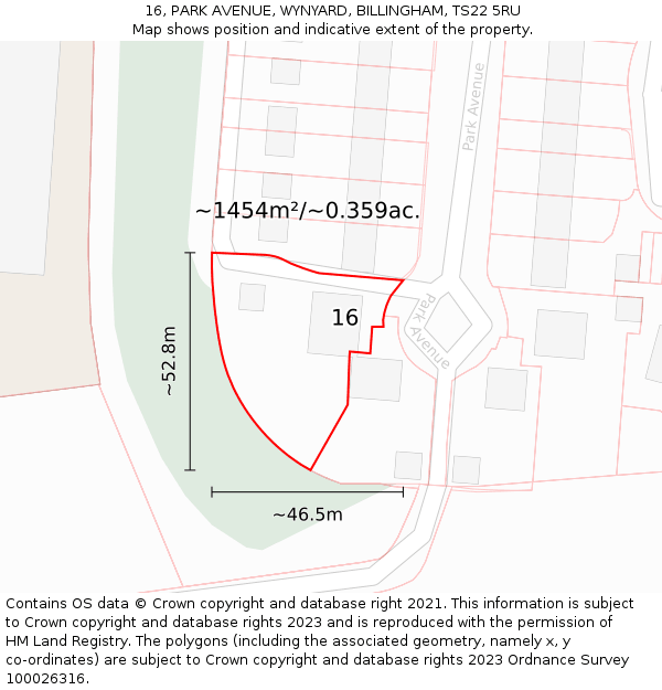 16, PARK AVENUE, WYNYARD, BILLINGHAM, TS22 5RU: Plot and title map