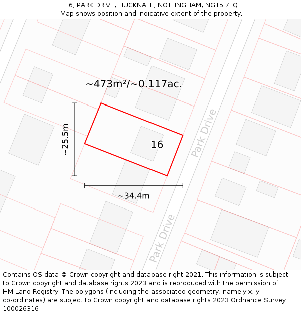 16, PARK DRIVE, HUCKNALL, NOTTINGHAM, NG15 7LQ: Plot and title map