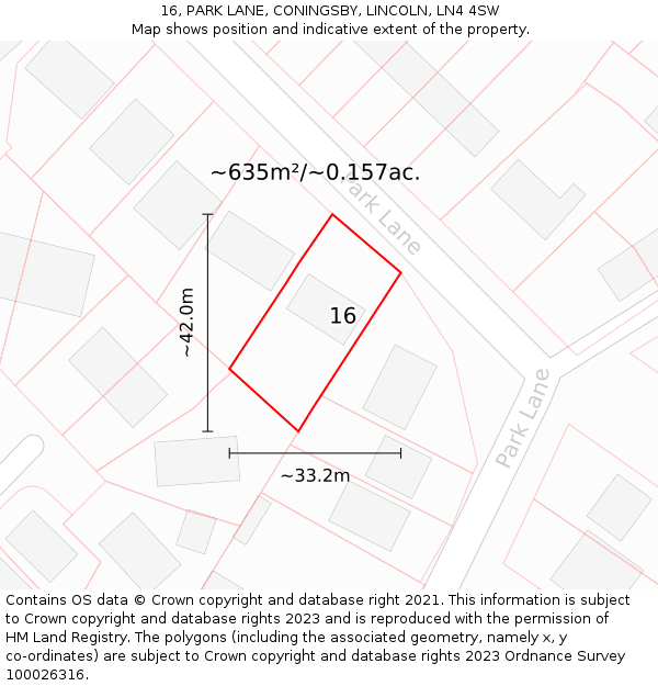 16, PARK LANE, CONINGSBY, LINCOLN, LN4 4SW: Plot and title map