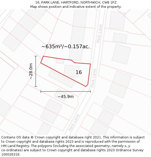 16, PARK LANE, HARTFORD, NORTHWICH, CW8 1PZ: Plot and title map