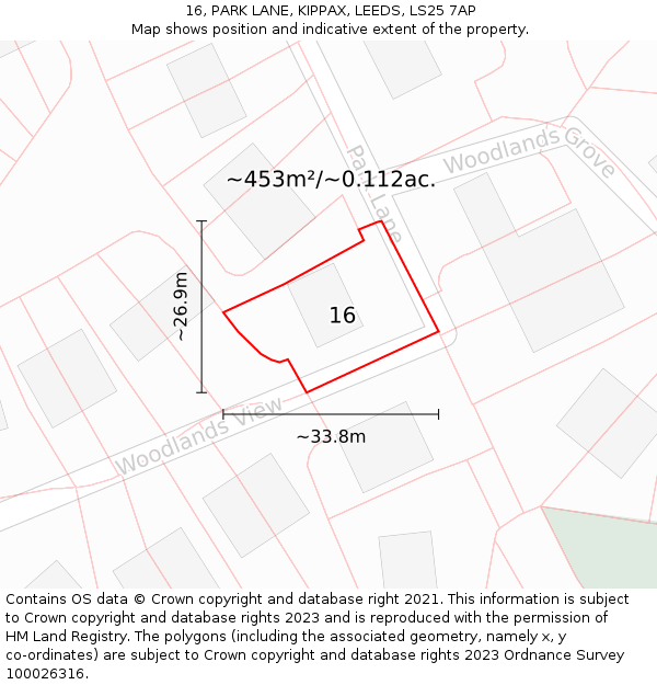 16, PARK LANE, KIPPAX, LEEDS, LS25 7AP: Plot and title map