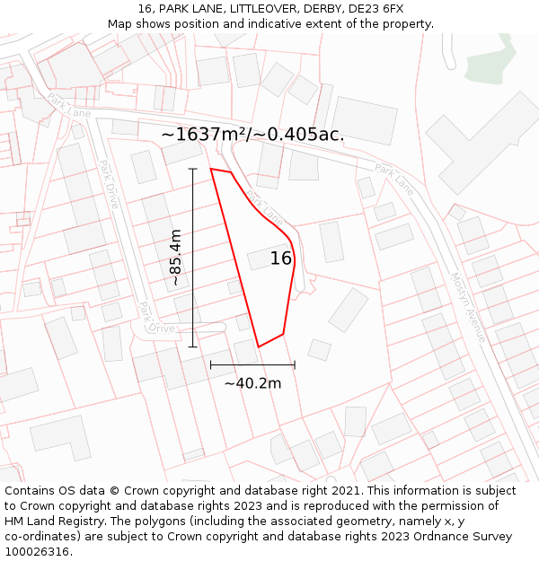 16, PARK LANE, LITTLEOVER, DERBY, DE23 6FX: Plot and title map