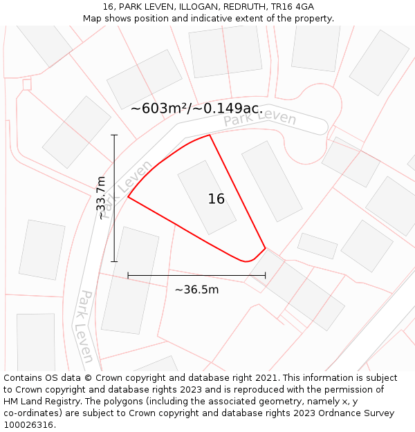 16, PARK LEVEN, ILLOGAN, REDRUTH, TR16 4GA: Plot and title map