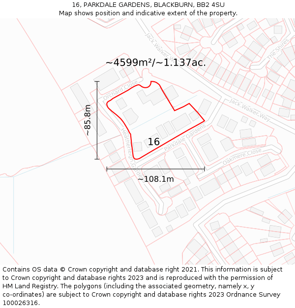 16, PARKDALE GARDENS, BLACKBURN, BB2 4SU: Plot and title map