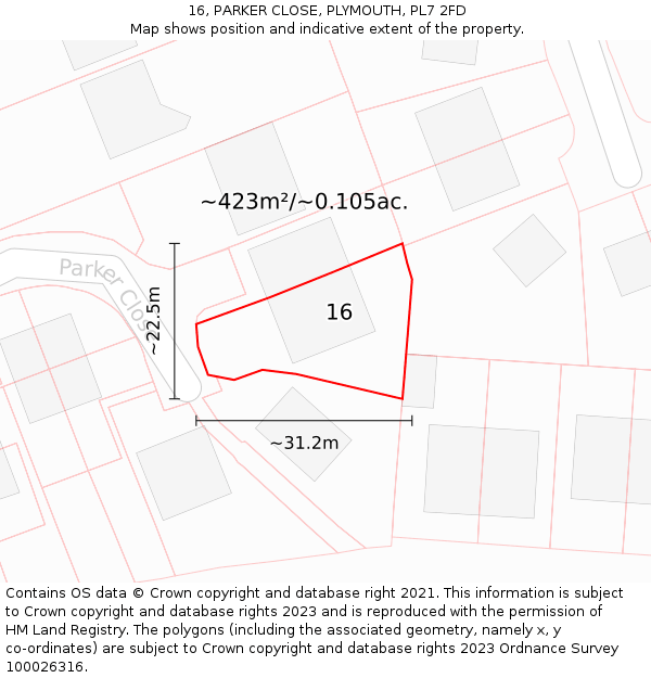 16, PARKER CLOSE, PLYMOUTH, PL7 2FD: Plot and title map