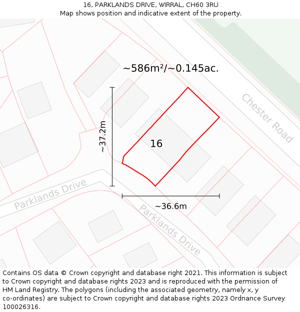 16, PARKLANDS DRIVE, WIRRAL, CH60 3RU: Plot and title map