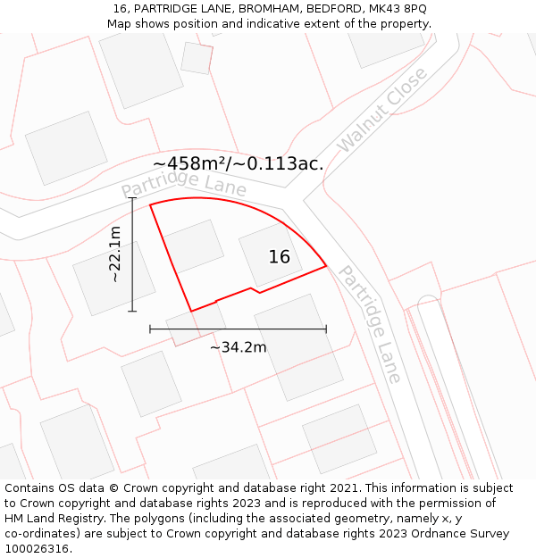 16, PARTRIDGE LANE, BROMHAM, BEDFORD, MK43 8PQ: Plot and title map