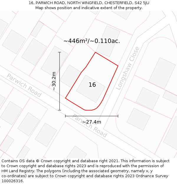 16, PARWICH ROAD, NORTH WINGFIELD, CHESTERFIELD, S42 5JU: Plot and title map