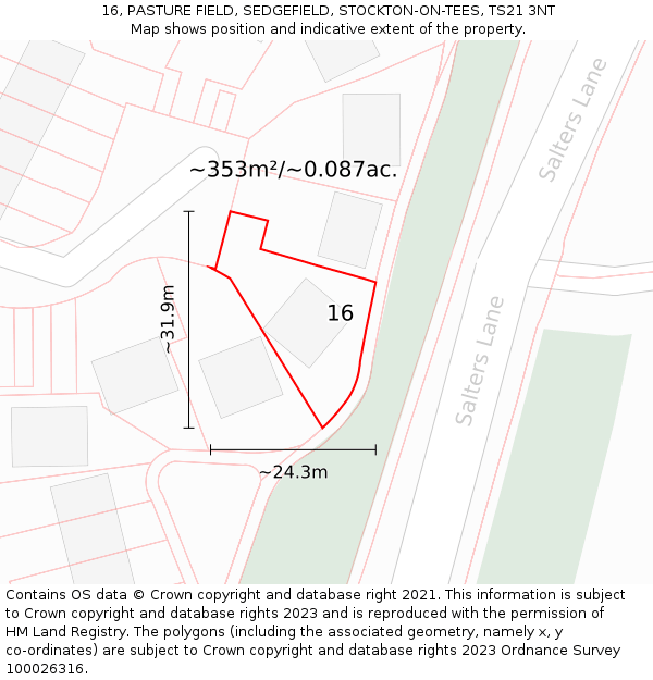 16, PASTURE FIELD, SEDGEFIELD, STOCKTON-ON-TEES, TS21 3NT: Plot and title map