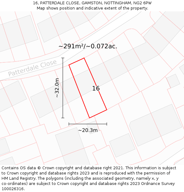 16, PATTERDALE CLOSE, GAMSTON, NOTTINGHAM, NG2 6PW: Plot and title map