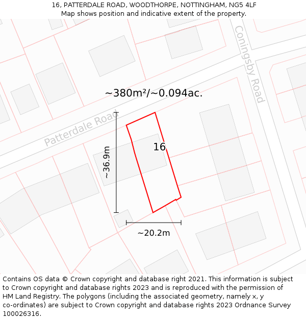 16, PATTERDALE ROAD, WOODTHORPE, NOTTINGHAM, NG5 4LF: Plot and title map