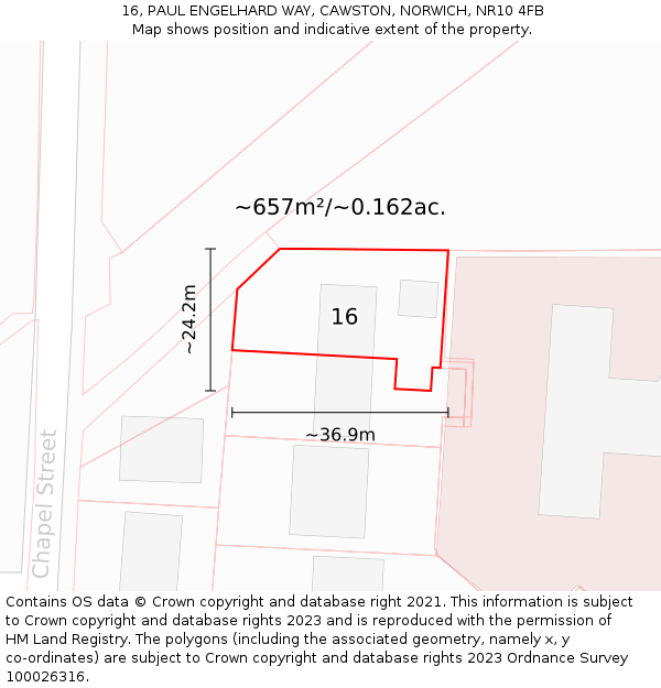 16, PAUL ENGELHARD WAY, CAWSTON, NORWICH, NR10 4FB: Plot and title map