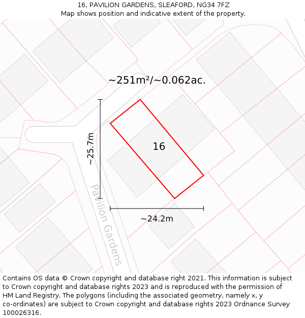 16, PAVILION GARDENS, SLEAFORD, NG34 7FZ: Plot and title map