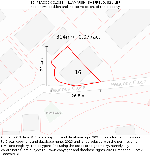 16, PEACOCK CLOSE, KILLAMARSH, SHEFFIELD, S21 1BF: Plot and title map