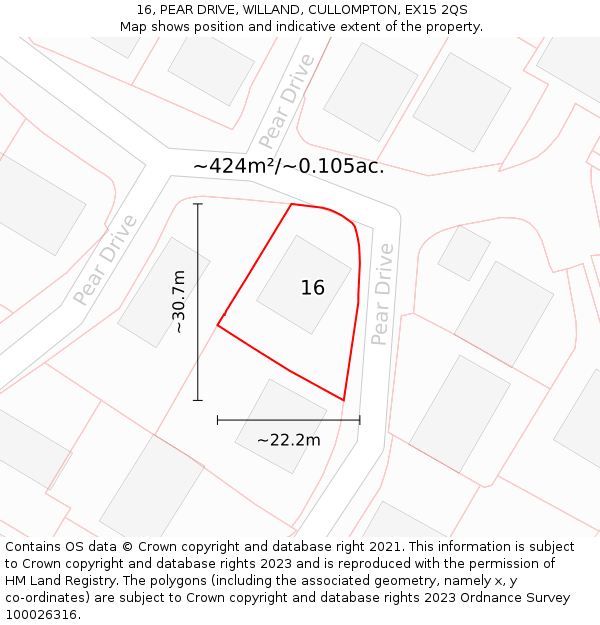 16, PEAR DRIVE, WILLAND, CULLOMPTON, EX15 2QS: Plot and title map