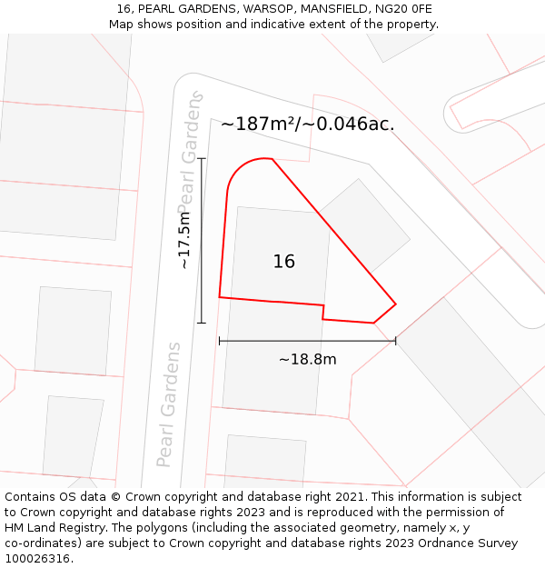 16, PEARL GARDENS, WARSOP, MANSFIELD, NG20 0FE: Plot and title map