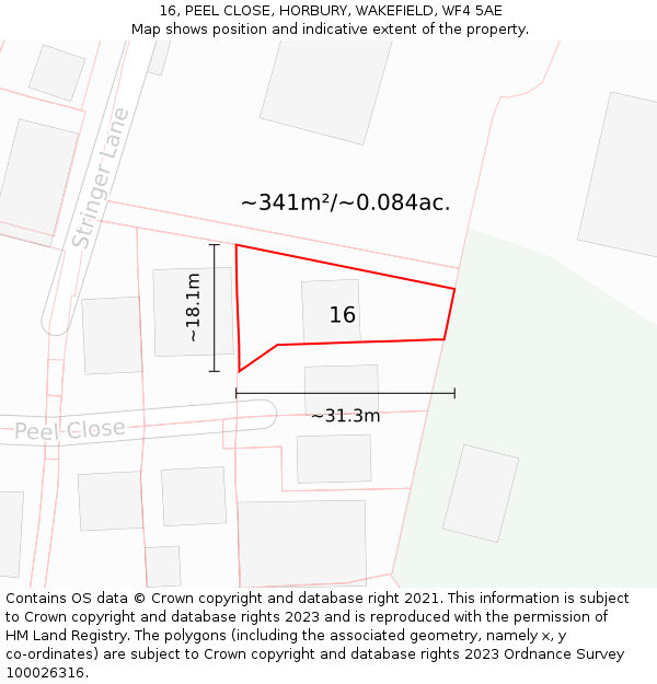 16, PEEL CLOSE, HORBURY, WAKEFIELD, WF4 5AE: Plot and title map