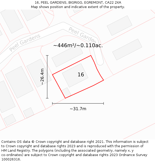 16, PEEL GARDENS, BIGRIGG, EGREMONT, CA22 2XA: Plot and title map