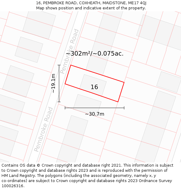 16, PEMBROKE ROAD, COXHEATH, MAIDSTONE, ME17 4QJ: Plot and title map