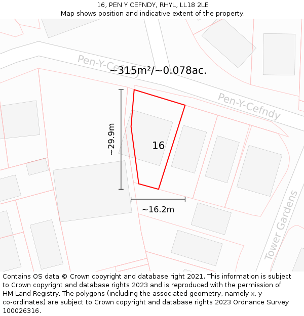 16, PEN Y CEFNDY, RHYL, LL18 2LE: Plot and title map