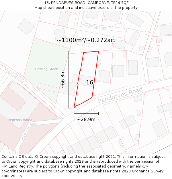 16, PENDARVES ROAD, CAMBORNE, TR14 7QE: Plot and title map