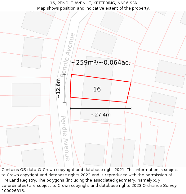 16, PENDLE AVENUE, KETTERING, NN16 9FA: Plot and title map