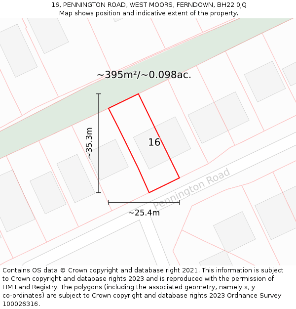 16, PENNINGTON ROAD, WEST MOORS, FERNDOWN, BH22 0JQ: Plot and title map