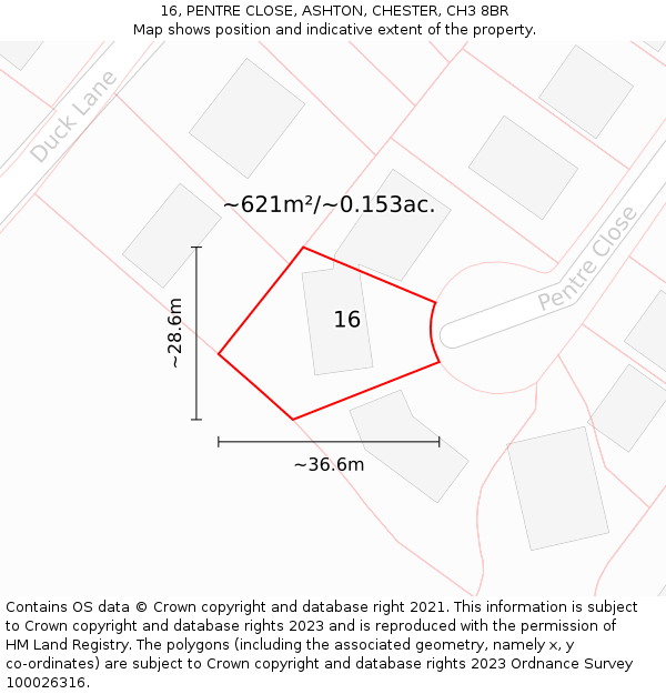 16, PENTRE CLOSE, ASHTON, CHESTER, CH3 8BR: Plot and title map