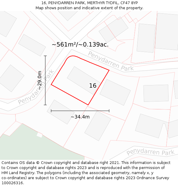 16, PENYDARREN PARK, MERTHYR TYDFIL, CF47 8YP: Plot and title map