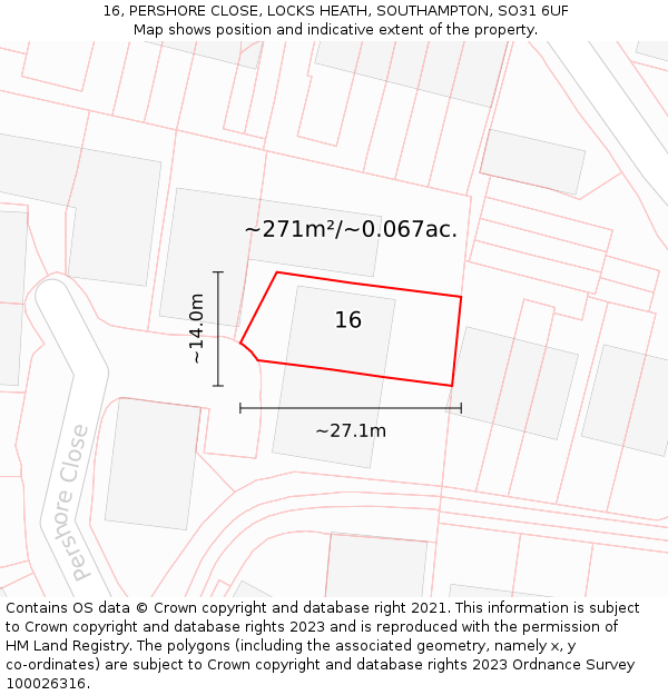 16, PERSHORE CLOSE, LOCKS HEATH, SOUTHAMPTON, SO31 6UF: Plot and title map