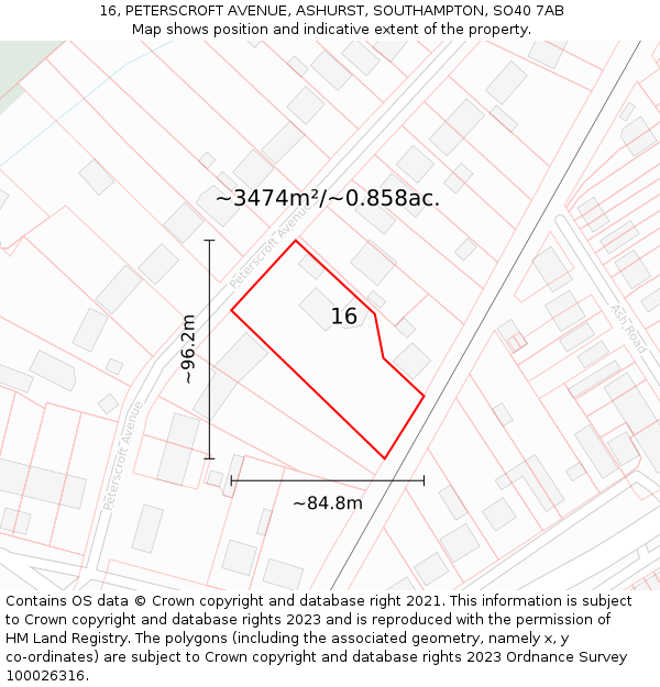 16, PETERSCROFT AVENUE, ASHURST, SOUTHAMPTON, SO40 7AB: Plot and title map