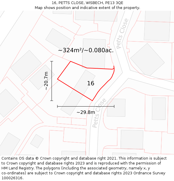 16, PETTS CLOSE, WISBECH, PE13 3QE: Plot and title map