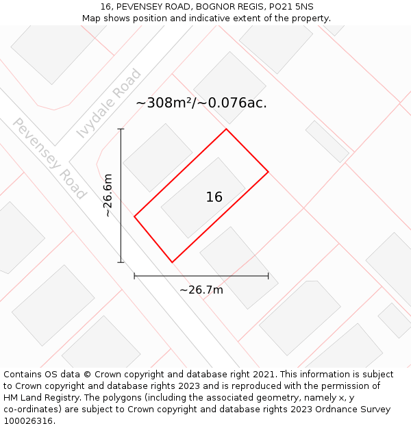 16, PEVENSEY ROAD, BOGNOR REGIS, PO21 5NS: Plot and title map