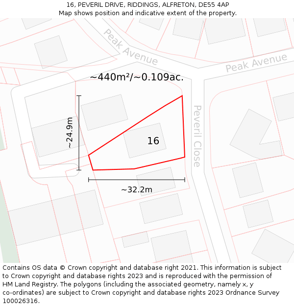 16, PEVERIL DRIVE, RIDDINGS, ALFRETON, DE55 4AP: Plot and title map