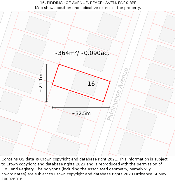 16, PIDDINGHOE AVENUE, PEACEHAVEN, BN10 8PF: Plot and title map