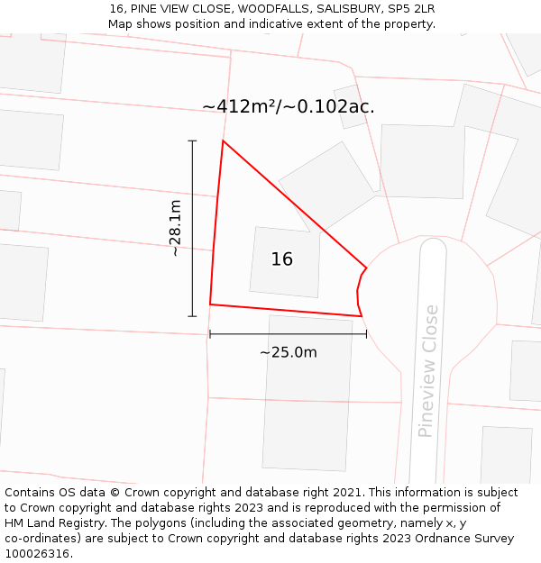 16, PINE VIEW CLOSE, WOODFALLS, SALISBURY, SP5 2LR: Plot and title map