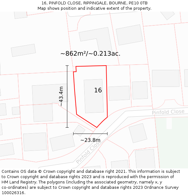 16, PINFOLD CLOSE, RIPPINGALE, BOURNE, PE10 0TB: Plot and title map