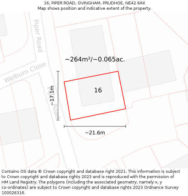 16, PIPER ROAD, OVINGHAM, PRUDHOE, NE42 6AX: Plot and title map