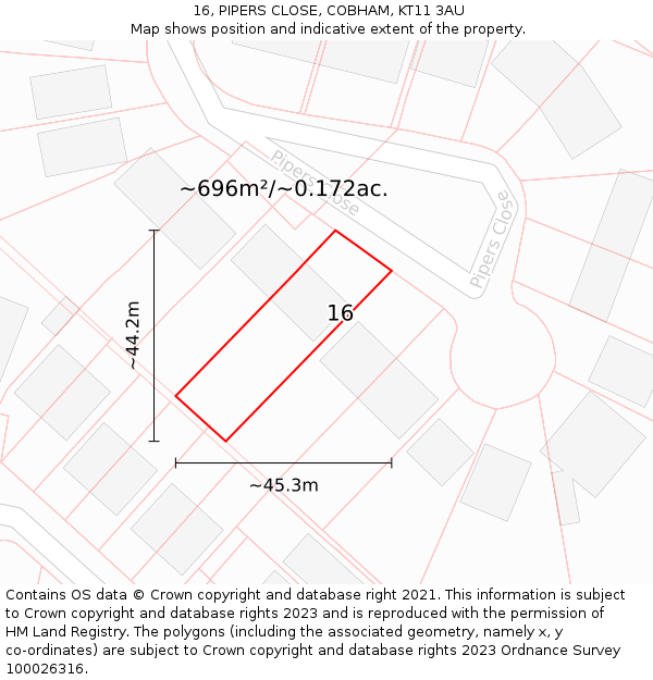 16, PIPERS CLOSE, COBHAM, KT11 3AU: Plot and title map